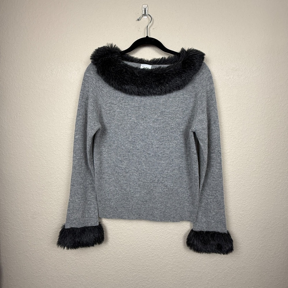 Garnet Hill Gray Faux Fur Trim Wool Angora Blend Women's Sweater Size M